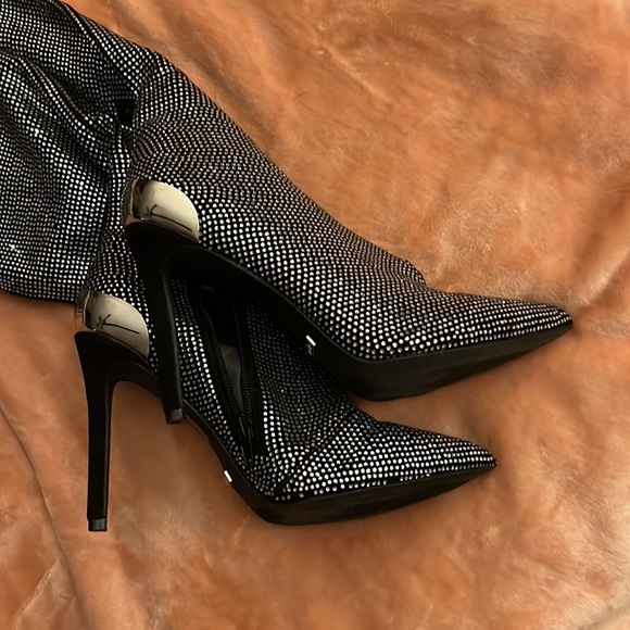 BEBE slouchy bedazzled boots black silver knee high - Picture 4 of 4